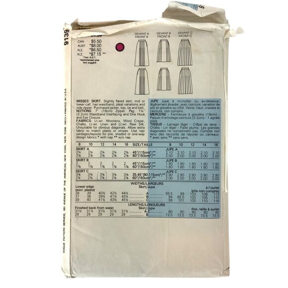 Vogue Patterns 9139 Sewing Pattern Misses Pleated Skirt Size 12 Vintage - Picture 2 of 3